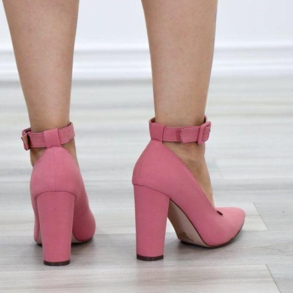 Pink Pointy Toe Ankle Brace Buckle Heels - Picture 2 of 9